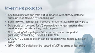 Investment protection
• Additional devices can form Virtual Chassis with already installed
ones (no links blocked by spanning tree)
• Each new VC member can increase number of available uplink ports
• Data ports can be used for VC connection – longer range and no
need to buy special stacking cable or ports
• Not only ring VC topology – full or partial meshed supported
(including nonblocking 5 times EX4300 VC)
• EX4300 1GE access switch can be reused in VCF topology as leaf
switch
• QFX 10GE DC switch can be reused in VCF as spine or leaf switch
 
