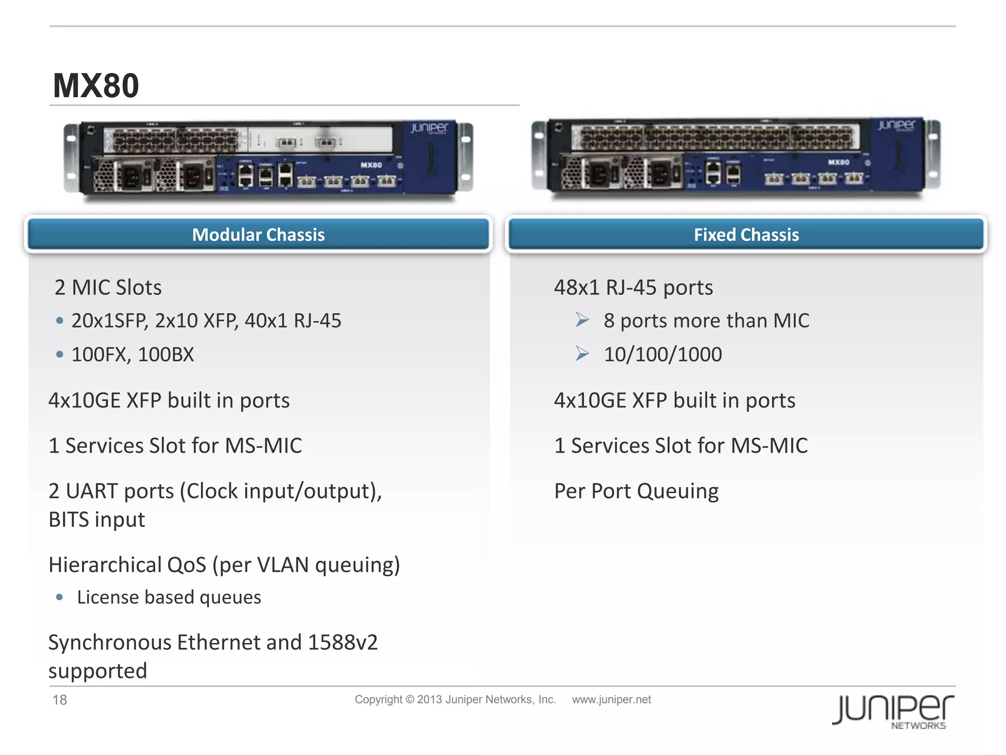 18 Copyright © 2013 Juniper Networks, Inc. www.juniper.net
MX80
48x1 RJ-45 ports
 8 ports more than MIC
 10/100/1000
4x10GE XFP built in ports
1 Services Slot for MS-MIC
Per Port Queuing
Fixed Chassis
2 MIC Slots
• 20x1SFP, 2x10 XFP, 40x1 RJ-45
• 100FX, 100BX
4x10GE XFP built in ports
1 Services Slot for MS-MIC
2 UART ports (Clock input/output),
BITS input
Hierarchical QoS (per VLAN queuing)
• License based queues
Synchronous Ethernet and 1588v2
supported
Modular Chassis
 