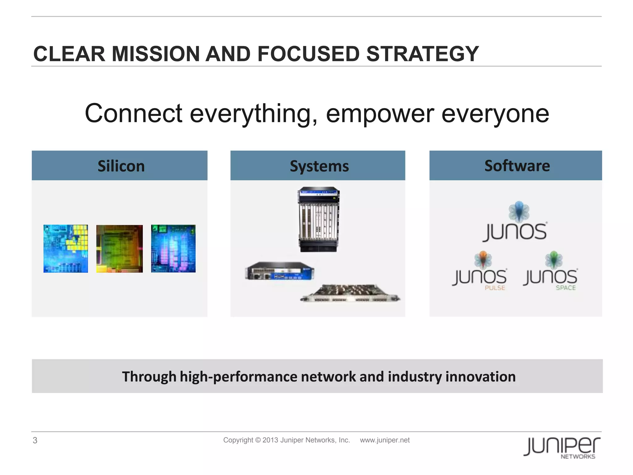 3 Copyright © 2013 Juniper Networks, Inc. www.juniper.net
Connect everything, empower everyone
CLEAR MISSION AND FOCUSED STRATEGY
Silicon Systems Software
Through high-performance network and industry innovation
 