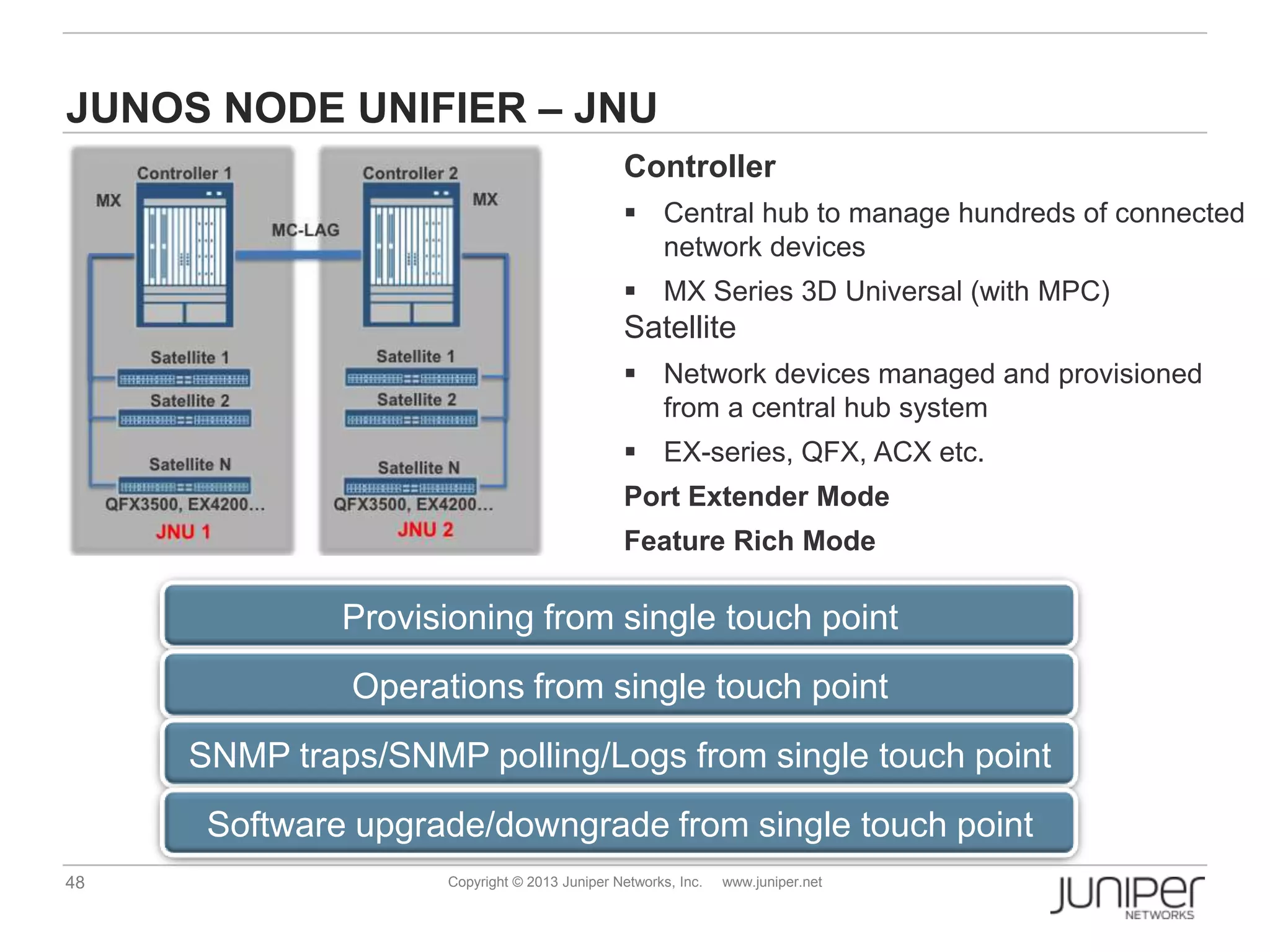 48 Copyright © 2013 Juniper Networks, Inc. www.juniper.net
JUNOS NODE UNIFIER – JNU
Controller
 Central hub to manage hundreds of connected
network devices
 MX Series 3D Universal (with MPC)
Satellite
 Network devices managed and provisioned
from a central hub system
 EX-series, QFX, ACX etc.
Port Extender Mode
Feature Rich Mode
Provisioning from single touch point
Operations from single touch point
SNMP traps/SNMP polling/Logs from single touch point
Software upgrade/downgrade from single touch point
 