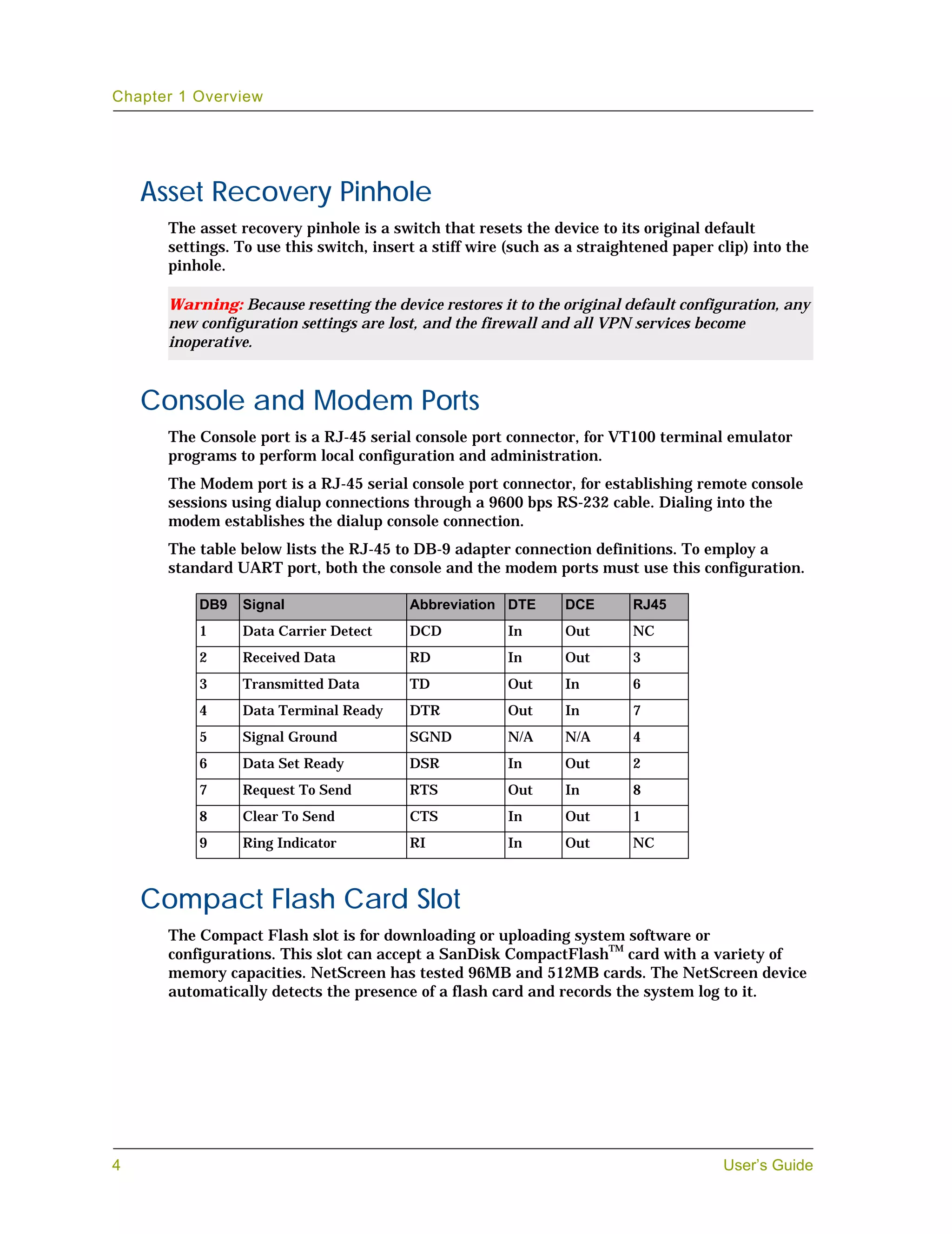 Chapter 1 Overview




    Asset Recovery Pinhole
      The asset recovery pinhole is a switch that resets the device to its original default
      settings. To use this switch, insert a stiff wire (such as a straightened paper clip) into the
      pinhole.

      Warning: Because resetting the device restores it to the original default configuration, any
      new configuration settings are lost, and the firewall and all VPN services become
      inoperative.



    Console and Modem Ports
      The Console port is a RJ-45 serial console port connector, for VT100 terminal emulator
      programs to perform local configuration and administration.
      The Modem port is a RJ-45 serial console port connector, for establishing remote console
      sessions using dialup connections through a 9600 bps RS-232 cable. Dialing into the
      modem establishes the dialup console connection.
      The table below lists the RJ-45 to DB-9 adapter connection definitions. To employ a
      standard UART port, both the console and the modem ports must use this configuration.

          DB9   Signal                   Abbreviation DTE       DCE       RJ45
          1     Data Carrier Detect      DCD           In       Out       NC
          2     Received Data            RD            In       Out       3
          3     Transmitted Data         TD            Out      In        6
          4     Data Terminal Ready      DTR           Out      In        7
          5     Signal Ground            SGND          N/A      N/A       4
          6     Data Set Ready           DSR           In       Out       2
          7     Request To Send          RTS           Out      In        8
          8     Clear To Send            CTS           In       Out       1
          9     Ring Indicator           RI            In       Out       NC



    Compact Flash Card Slot
      The Compact Flash slot is for downloading or uploading system software or
      configurations. This slot can accept a SanDisk CompactFlashTM card with a variety of
      memory capacities. NetScreen has tested 96MB and 512MB cards. The NetScreen device
      automatically detects the presence of a flash card and records the system log to it.




4                                                                                      User’s Guide
 