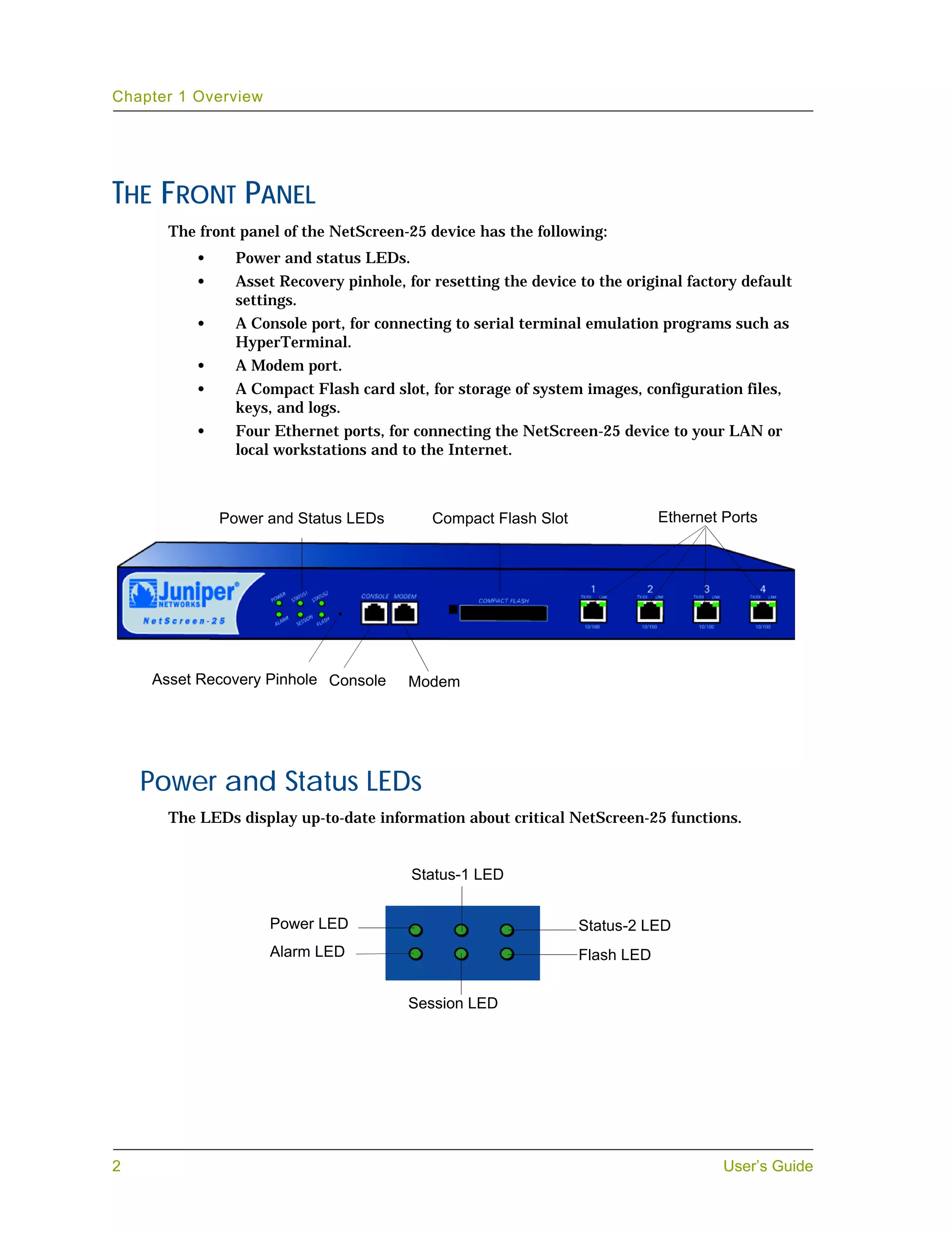 Chapter 1 Overview




THE FRONT PANEL
      The front panel of the NetScreen-25 device has the following:
          •     Power and status LEDs.
          •     Asset Recovery pinhole, for resetting the device to the original factory default
                settings.
          •     A Console port, for connecting to serial terminal emulation programs such as
                HyperTerminal.
          •     A Modem port.
          •     A Compact Flash card slot, for storage of system images, configuration files,
                keys, and logs.
          •     Four Ethernet ports, for connecting the NetScreen-25 device to your LAN or
                local workstations and to the Internet.



              Power and Status LEDs         Compact Flash Slot               Ethernet Ports




    Asset Recovery Pinhole Console      Modem




    Power and Status LEDs
      The LEDs display up-to-date information about critical NetScreen-25 functions.


                                         Status-1 LED


                     Power LED                                   Status-2 LED
                     Alarm LED                                   Flash LED


                                        Session LED




2                                                                                     User’s Guide
 