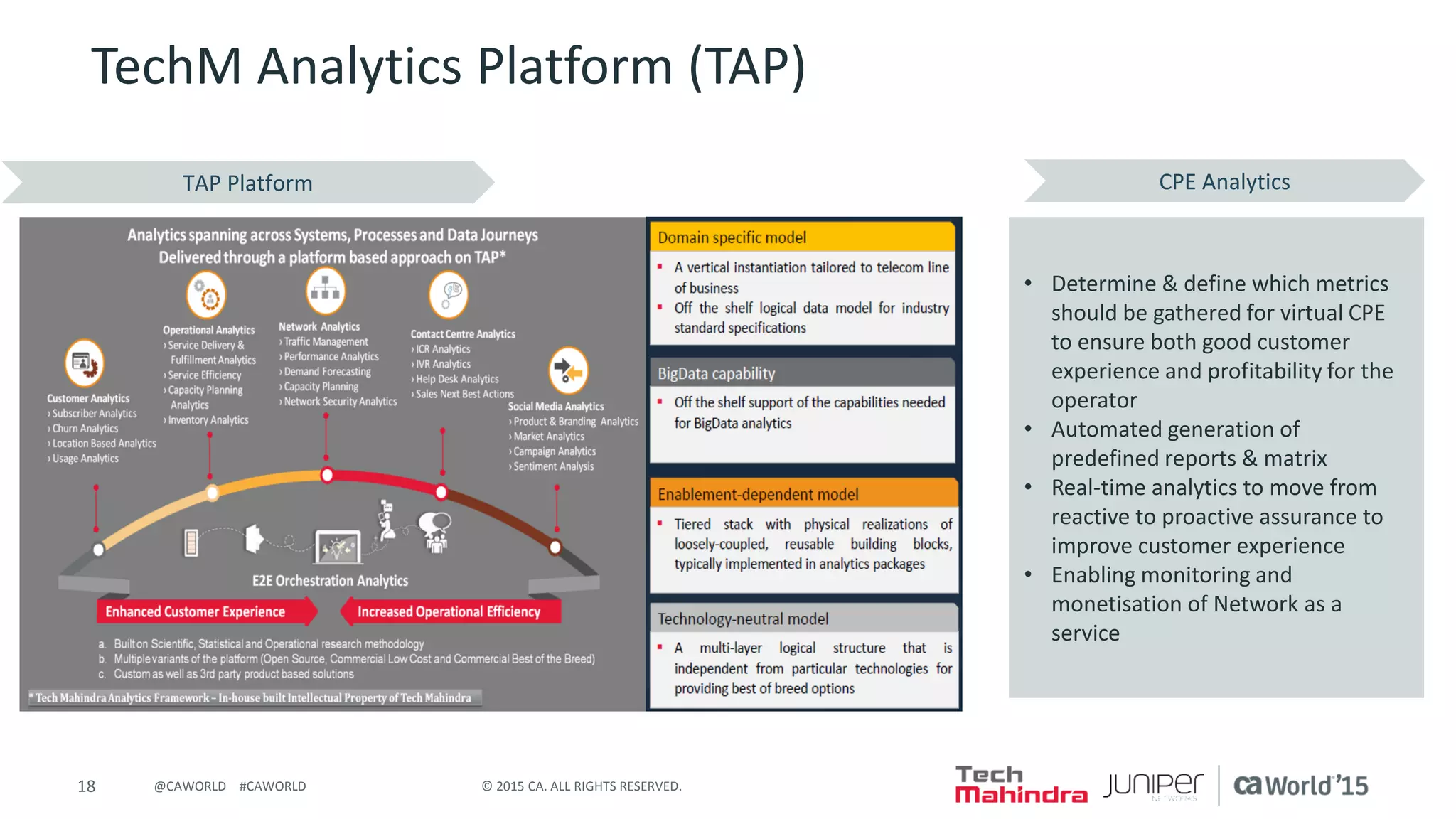 18 © 2015 CA. ALL RIGHTS RESERVED.@CAWORLD #CAWORLD
TechM Analytics Platform (TAP)
CPE AnalyticsTAP Platform
• Determine & define which metrics
should be gathered for virtual CPE
to ensure both good customer
experience and profitability for the
operator
• Automated generation of
predefined reports & matrix
• Real-time analytics to move from
reactive to proactive assurance to
improve customer experience
• Enabling monitoring and
monetisation of Network as a
service
 