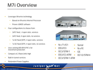 M7i Overview

        §      Leverages M-series technology

                  • Based on M-series Internet Processor

                  • Proven JUNOS software

        §      Four configurations to choose from:

                  • 2xFE fixed , 4 open slots, services

                  • 2xFE fixed, 4 open slots, no services

                  • 1x GE fixed (SFP), 4 open slots, services

                  • 1x GE fixed (SFP), 4 open slots, no services
                                                                   §   N x T1/E1    §                      Serial
        §      Uses existing M5/M10 PIC’s for                      §   DS3/E3       §                      N x FE
               investment protection
                                                                   §   OC3/STM-1    §                      GE
        §      Compact at 2 Rack Units high
                                                                   §   DS3/E3 ATM §                        OC12/STM-4
        §      Built-in tunnel services                            §   OC3/STM-1 ATM
        §      Redundant Power Supplies


Copyright © 2003 Juniper Networks, Inc.                                     Proprietary and Confidential      www.juniper.net   12
 
