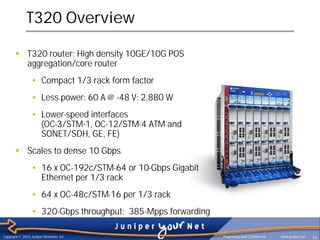 T320 Overview

       § T320 router: High density 10GE/10G POS
         aggregation/core router
                 • Compact 1/3 rack form factor
                 • Less power: 60 A @ -48 V; 2,880 W
                 • Lower-speed interfaces
                   (OC-3/STM-1, OC-12/STM-4 ATM and
                   SONET/SDH, GE, FE)
       § Scales to dense 10 Gbps
                 • 16 x OC-192c/STM-64 or 10-Gbps Gigabit
                   Ethernet per 1/3 rack
                 • 64 x OC-48c/STM-16 per 1/3 rack
                 • 320-Gbps throughput; 385-Mpps forwarding

Copyright © 2003 Juniper Networks, Inc.                       Proprietary and Confidential   www.juniper.net   16
 