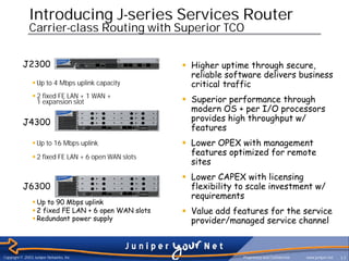 Introducing J-series Services Router
              Carrier-class Routing with Superior TCO


           J2300                                      § Higher uptime through secure,
                                                        reliable software delivers business
                § Up to 4 Mbps uplink capacity          critical traffic
                § 2 fixed FE LAN + 1 WAN +
                  1 expansion slot                    § Superior performance through
                                                        modern OS + per I/O processors
           J4300                                        provides high throughput w/
                                                        features
                § Up to 16 Mbps uplink                § Lower OPEX with management
                § 2 fixed FE LAN + 6 open WAN slots
                                                        features optimized for remote
                                                        sites
                                                      § Lower CAPEX with licensing
           J6300                                        flexibility to scale investment w/
                                                        requirements
                § Up to 90 Mbps uplink
                § 2 fixed FE LAN + 6 open WAN slots   § Value add features for the service
                § Redundant power supply                provider/managed service channel



Copyright © 2003 Juniper Networks, Inc.                              Proprietary and Confidential   www.juniper.net   17
 