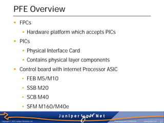 PFE Overview
              § FPCs
                        • Hardware platform which accepts PICs
              § PICs
                        • Physical Interface Card
                        • Contains physical layer components
              § Control board with internet Processor ASIC
                        • FEB M5/M10
                        • SSB M20
                        • SCB M40
                        • SFM M160/M40e

Copyright © 2003 Juniper Networks, Inc.                        Proprietary and Confidential   www.juniper.net   21
 