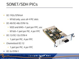 SONET/SDH PICs

      § OC-192c/STM-64
                • M160 only, uses all 4 PIC slots
      § OC-48/OC-48c/STM-16
                • M20 and M40—1 port per FPC, uses all 4 PIC slots
                • M160—1 port per PIC, 4 per FPC
      § OC-12/OC-12c/STM-4
                • 1 port per PIC, 4 per FPC
      § Channelized OC-12
                • 1 port per PIC, 4 per FPC
      § OC-3c/STM-1
                • 4 ports per PIC, 16 per FPC
Copyright © 2003 Juniper Networks, Inc.                         Proprietary and Confidential   www.juniper.net   26
      § Support for PPP, Frame Relay
 