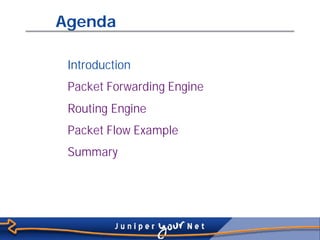 Agenda

           Introduction
           Packet Forwarding Engine
           Routing Engine
           Packet Flow Example
           Summary




Slide 3
 