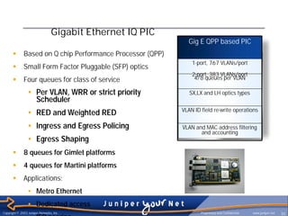 Gigabit Ethernet IQ PIC
                                                              Gig E QPP based PIC
      §       Based on Q chip Performance Processor (QPP)
                                                                1-port, 767 VLANs/port
      §       Small Form Factor Pluggable (SFP) optics
                                                                2-port, 383 VLANs/port
      §       Four queues for class of service                   4/8 queues per VLAN

                 • Per VLAN, WRR or strict priority            SX,LX and LH optics types
                   Scheduler
                                                            VLAN ID field re-write operations
                 • RED and Weighted RED
                 • Ingress and Egress Policing              VLAN and MAC address filtering
                                                                   and accounting
                 • Egress Shaping
      §       8 queues for Gimlet platforms
      §       4 queues for Martini platforms
      §       Applications:
                 • Metro Ethernet
                 • Dedicated access
Copyright © 2003 Juniper Networks, Inc.                             Proprietary and Confidential   www.juniper.net   30
                 • ISP peering
 