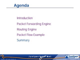 Agenda


                                          Introduction
                                          Packet Forwarding Engine
                                          Routing Engine
                                          Packet Flow Example
                                          Summary




      Slide 57
Copyright © 2003 Juniper Networks, Inc.                              Proprietary and Confidential   www.juniper.net   57
 