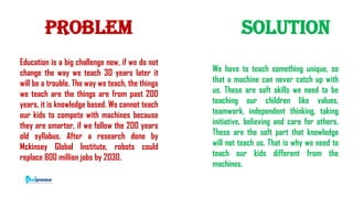 Corporate Finance Institute®
Problem Solution
Education is a big challenge now, if we do not
change the way we teach 30 years later it
will be a trouble. The way we teach, the things
we teach are the things are from past 200
years, it is knowledge based. We cannot teach
our kids to compete with machines because
they are smarter, if we follow the 200 years
old syllabus. After a research done by
Mckinsey Global Institute, robots could
replace 800 million jobs by 2030.
We have to teach something unique, so
that a machine can never catch up with
us. These are soft skills we need to be
teaching our children like values,
teamwork, independent thinking, taking
initiative, believing and care for others.
These are the soft part that knowledge
will not teach us. That is why we need to
teach our kids different from the
machines.
 