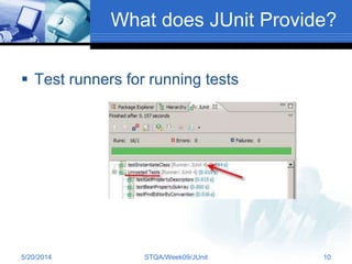 What does JUnit Provide?
 Test runners for running tests
5/20/2014 STQA/Week09/JUnit 10
 