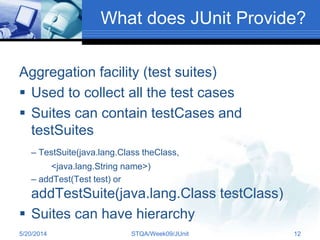 What does JUnit Provide?
Aggregation facility (test suites)
 Used to collect all the test cases
 Suites can contain testCases and
testSuites
– TestSuite(java.lang.Class theClass,
<java.lang.String name>)
– addTest(Test test) or
addTestSuite(java.lang.Class testClass)
 Suites can have hierarchy
5/20/2014 STQA/Week09/JUnit 12
 
