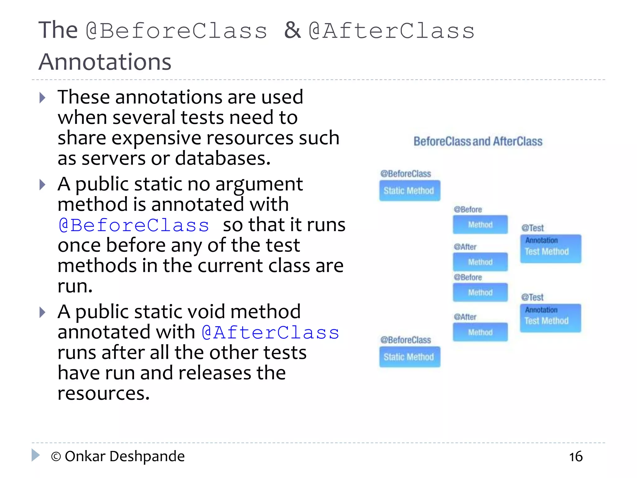 The @BeforeClass & @AfterClass 
Annotations 
 These annotations are used 
when several tests need to 
share expensive resources such 
as servers or databases. 
 A public static no argument 
method is annotated with 
@BeforeClass so that it runs 
once before any of the test 
methods in the current class are 
run. 
 A public static void method 
annotated with @AfterClass 
runs after all the other tests 
have run and releases the 
resources. 
© Onkar Deshpande 16 
 