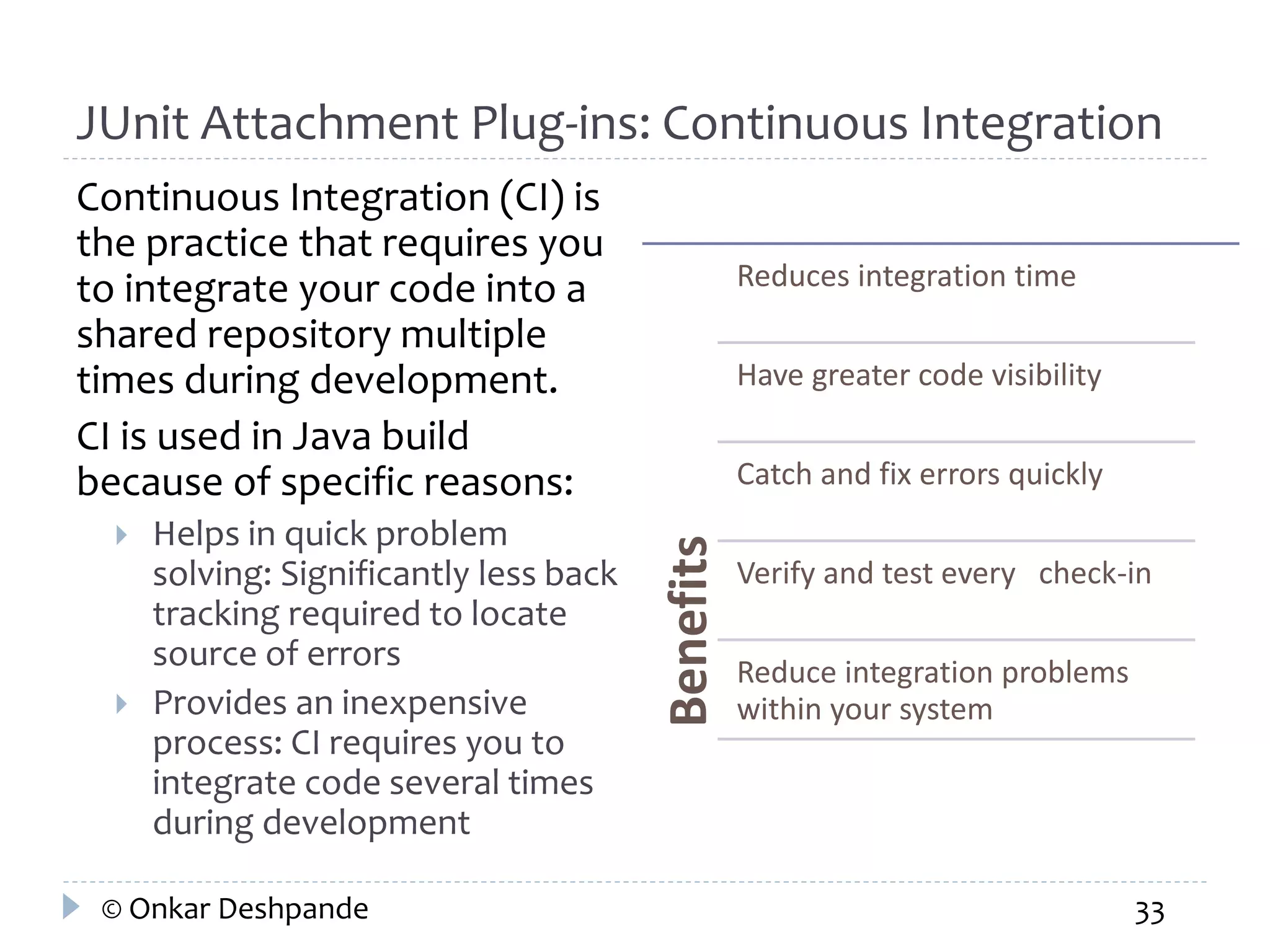 JUnit Attachment Plug-ins: Continuous Integration 
Continuous Integration (CI) is 
the practice that requires you 
to integrate your code into a 
shared repository multiple 
times during development. 
CI is used in Java build 
because of specific reasons: 
 Helps in quick problem 
solving: Significantly less back 
tracking required to locate 
source of errors 
 Provides an inexpensive 
process: CI requires you to 
integrate code several times 
during development 
Benefits 
Reduces integration time 
Have greater code visibility 
Catch and fix errors quickly 
Verify and test every check-in 
Reduce integration problems 
within your system 
© Onkar Deshpande 33 
 