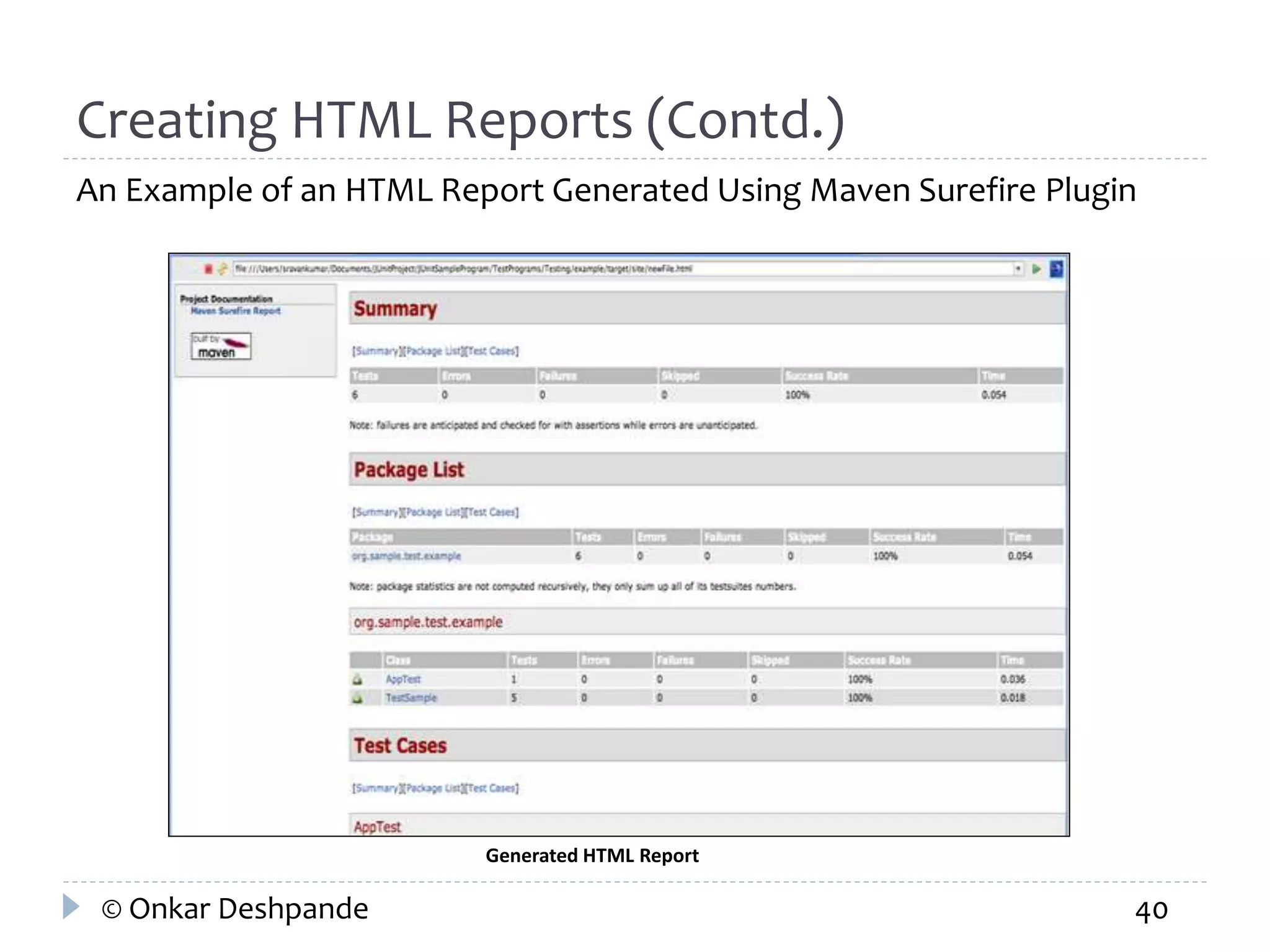 Creating HTML Reports (Contd.) 
An Example of an HTML Report Generated Using Maven Surefire Plugin 
Generated HTML Report 
© Onkar Deshpande 40 
 