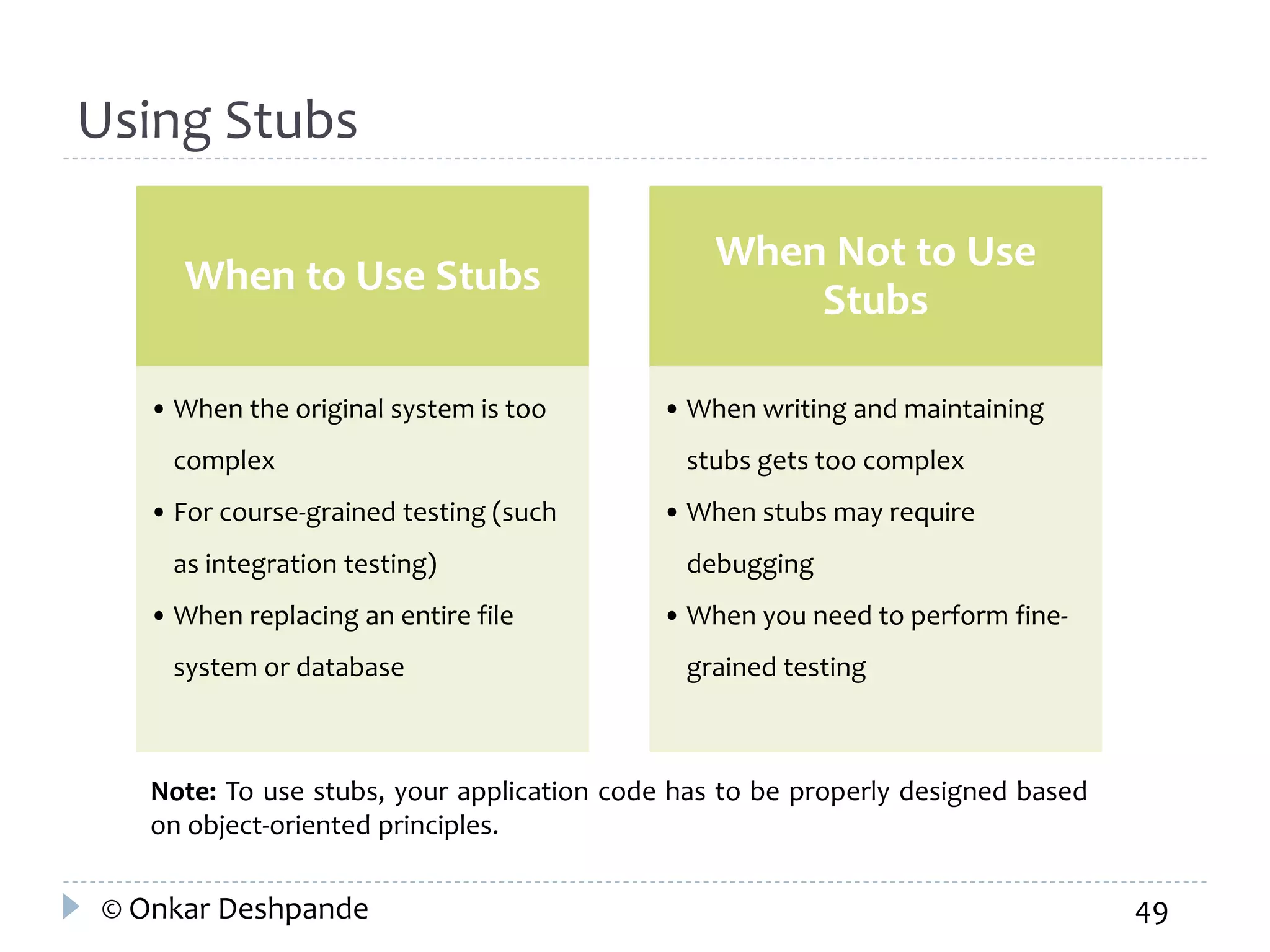 Using Stubs 
When to Use Stubs 
• When the original system is too 
complex 
• For course-grained testing (such 
as integration testing) 
• When replacing an entire file 
system or database 
When Not to Use 
Stubs 
• When writing and maintaining 
stubs gets too complex 
• When stubs may require 
debugging 
• When you need to perform fine-grained 
testing 
Note: To use stubs, your application code has to be properly designed based 
on object-oriented principles. 
© Onkar Deshpande 49 
 