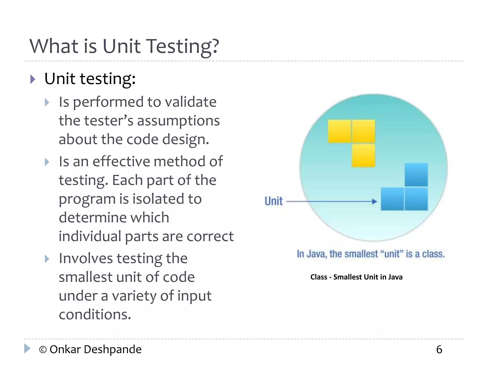 What is Unit Testing? 
 Unit testing: 
 Is performed to validate 
the tester’s assumptions 
about the code design. 
 Is an effective method of 
testing. Each part of the 
program is isolated to 
determine which 
individual parts are correct 
 Involves testing the 
smallest unit of code 
under a variety of input 
conditions. 
Class - Smallest Unit in Java 
© Onkar Deshpande 6 
 