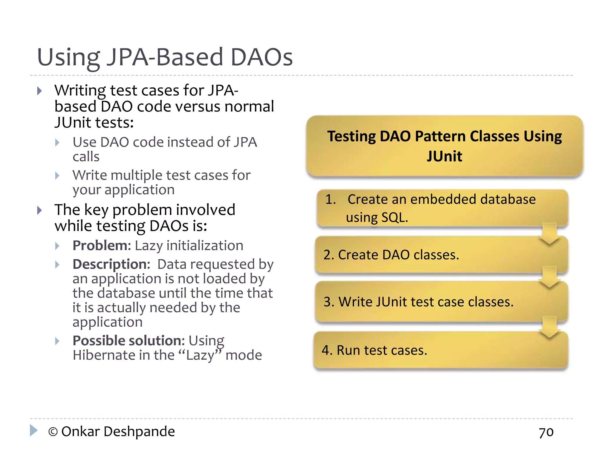Using JPA-Based DAOs 
 Writing test cases for JPA-based 
DAO code versus normal 
JUnit tests: 
 Use DAO code instead of JPA 
calls 
 Write multiple test cases for 
your application 
 The key problem involved 
while testing DAOs is: 
 Problem: Lazy initialization 
 Description: Data requested by 
an application is not loaded by 
the database until the time that 
it is actually needed by the 
application 
 Possible solution: Using 
Hibernate in the “Lazy” mode 
Testing DAO Pattern Classes Using 
JUnit 
1. Create an embedded database 
using SQL. 
2. Create DAO classes. 
3. Write JUnit test case classes. 
4. Run test cases. 
© Onkar Deshpande 70 
 