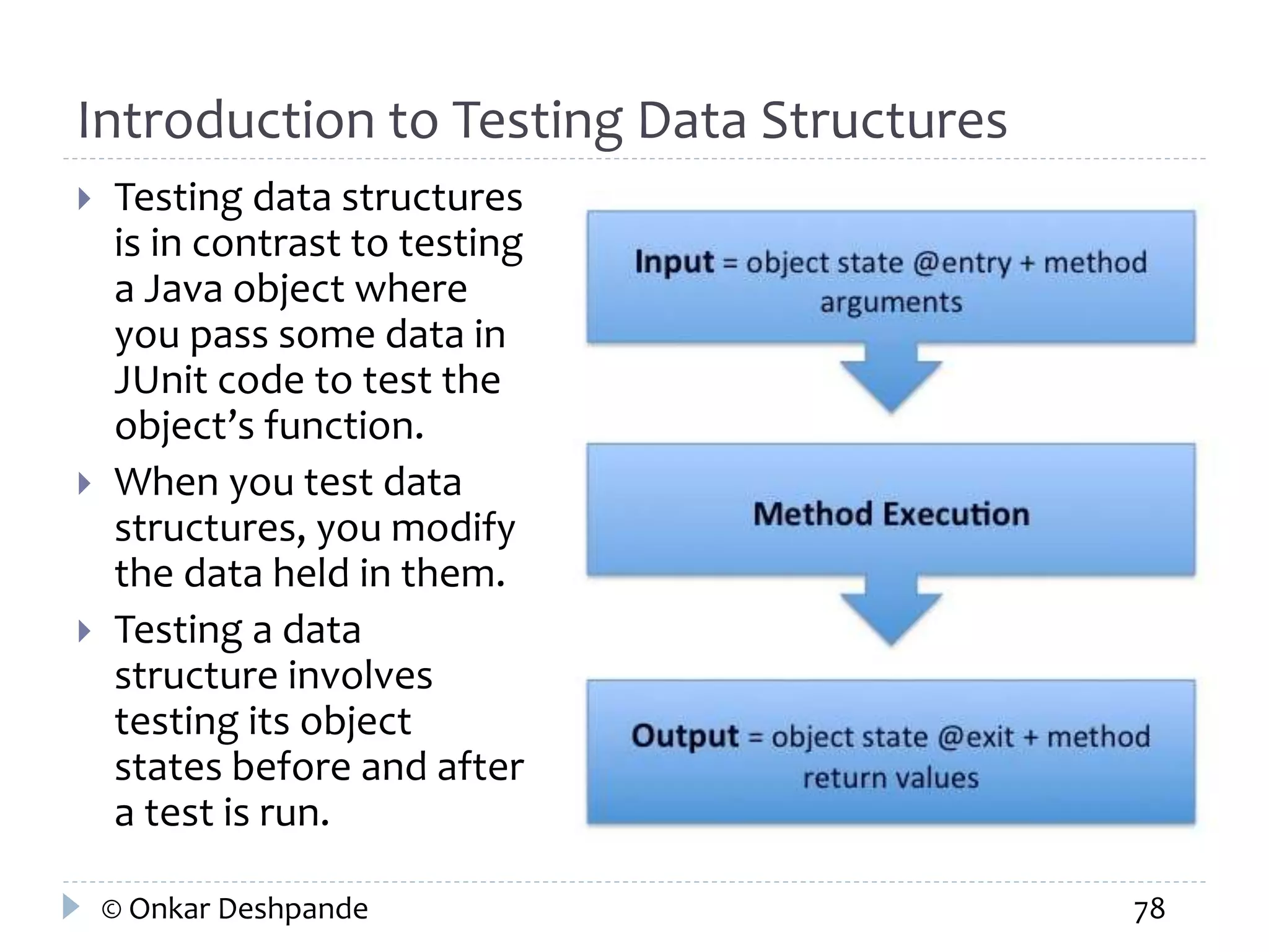 Introduction to Testing Data Structures 
 Testing data structures 
is in contrast to testing 
a Java object where 
you pass some data in 
JUnit code to test the 
object’s function. 
 When you test data 
structures, you modify 
the data held in them. 
 Testing a data 
structure involves 
testing its object 
states before and after 
a test is run. 
© Onkar Deshpande 78 
 
