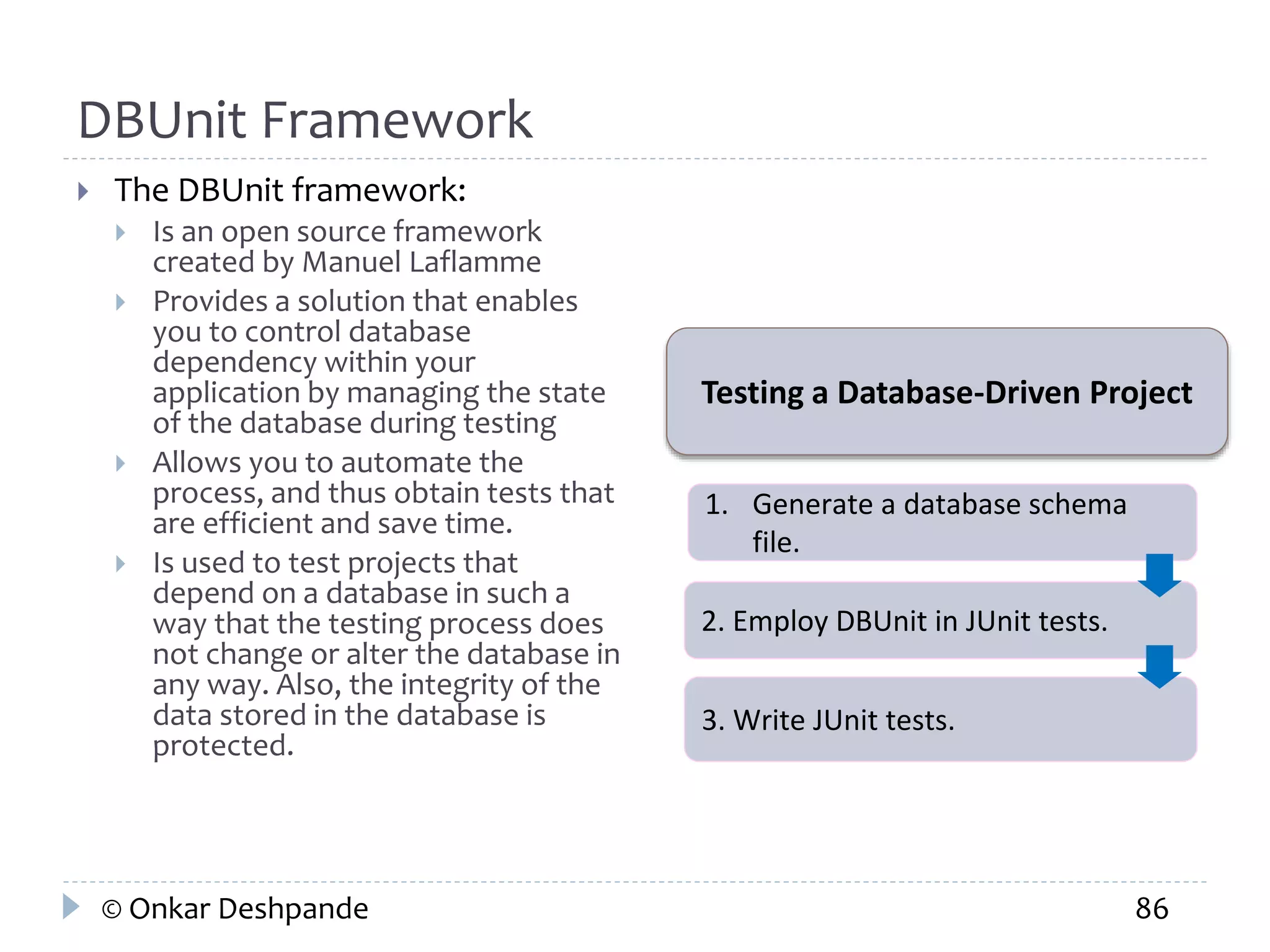 DBUnit Framework 
 The DBUnit framework: 
 Is an open source framework 
created by Manuel Laflamme 
 Provides a solution that enables 
you to control database 
dependency within your 
application by managing the state 
of the database during testing 
 Allows you to automate the 
process, and thus obtain tests that 
are efficient and save time. 
 Is used to test projects that 
depend on a database in such a 
way that the testing process does 
not change or alter the database in 
any way. Also, the integrity of the 
data stored in the database is 
protected. 
Testing a Database-Driven Project 
1. Generate a database schema 
file. 
2. Employ DBUnit in JUnit tests. 
3. Write JUnit tests. 
© Onkar Deshpande 86 
 