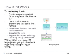 How JUnit Works 
To test using JUnit: 
1. Create a separate project 
for writing tests that test an 
SUT. 
2. Use a JUnit runner to 
execute the test code. The 
runner: 
 Determines the tests that exist 
in the test code 
 Executes the tests 
 Reports the results, including 
reporting to a graphical view 
Writing JUnit tests in an IDE 
helps you to get quick feedback 
regarding a test passing or 
failing. 
Testing Using JUnit 
© Onkar Deshpande 10 
 
