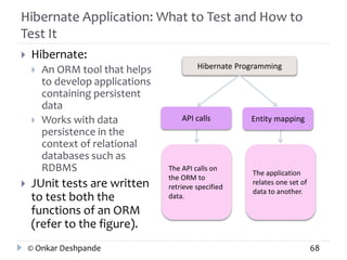Hibernate Application: What to Test and How to 
Test It 
 Hibernate: 
 An ORM tool that helps 
to develop applications 
containing persistent 
data 
 Works with data 
persistence in the 
context of relational 
databases such as 
RDBMS 
 JUnit tests are written 
to test both the 
functions of an ORM 
(refer to the figure). 
Hibernate Programming 
Entity mapping 
The application 
relates one set of 
data to another. 
API calls 
The API calls on 
the ORM to 
retrieve specified 
data. 
© Onkar Deshpande 68 
 