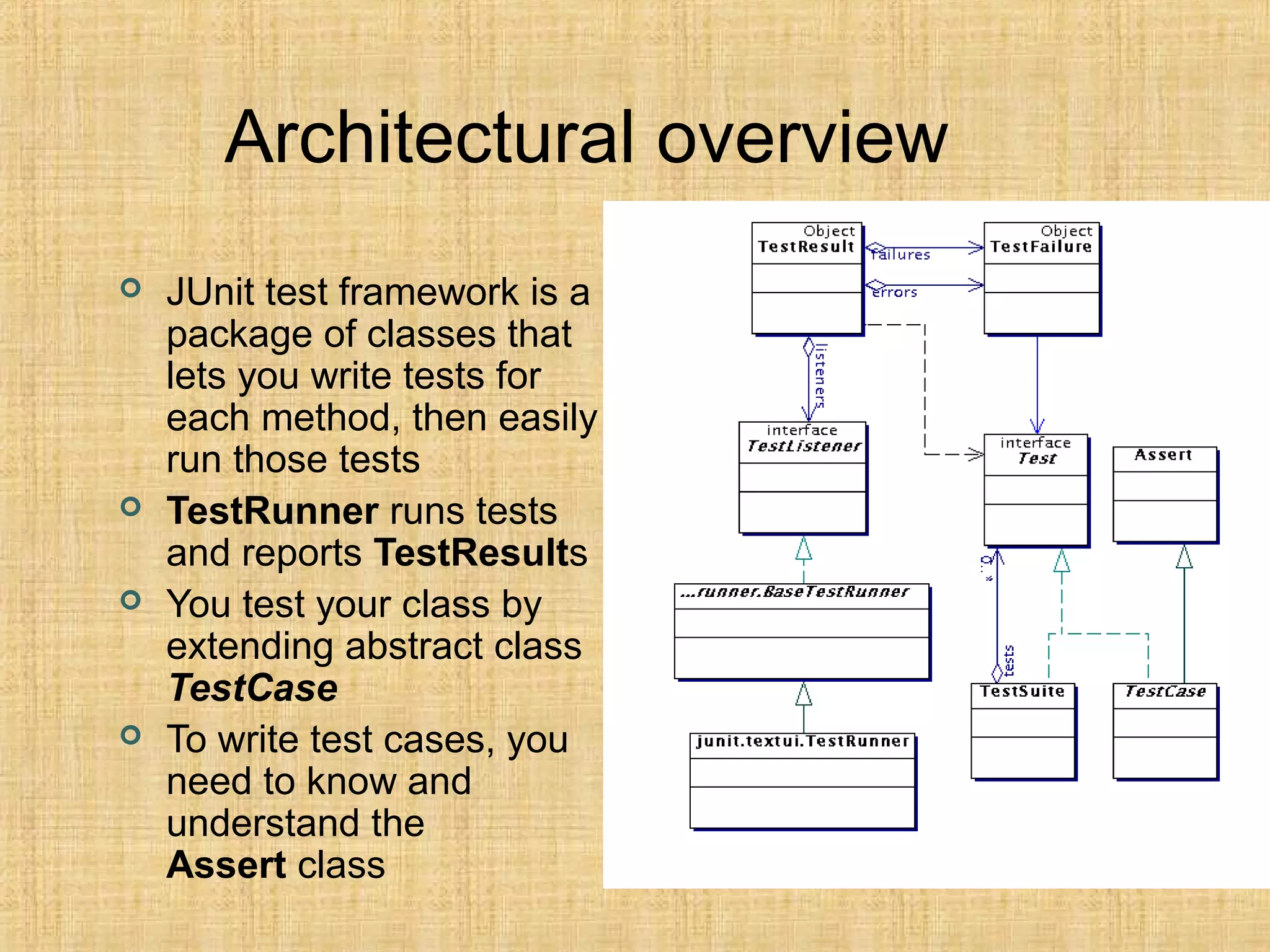 Architectural overview
 JUnit test framework is a
package of classes that
lets you write tests for
each method, then easily
run those tests
 TestRunner runs tests
and reports TestResults
 You test your class by
extending abstract class
TestCase
 To write test cases, you
need to know and
understand the
Assert class
 