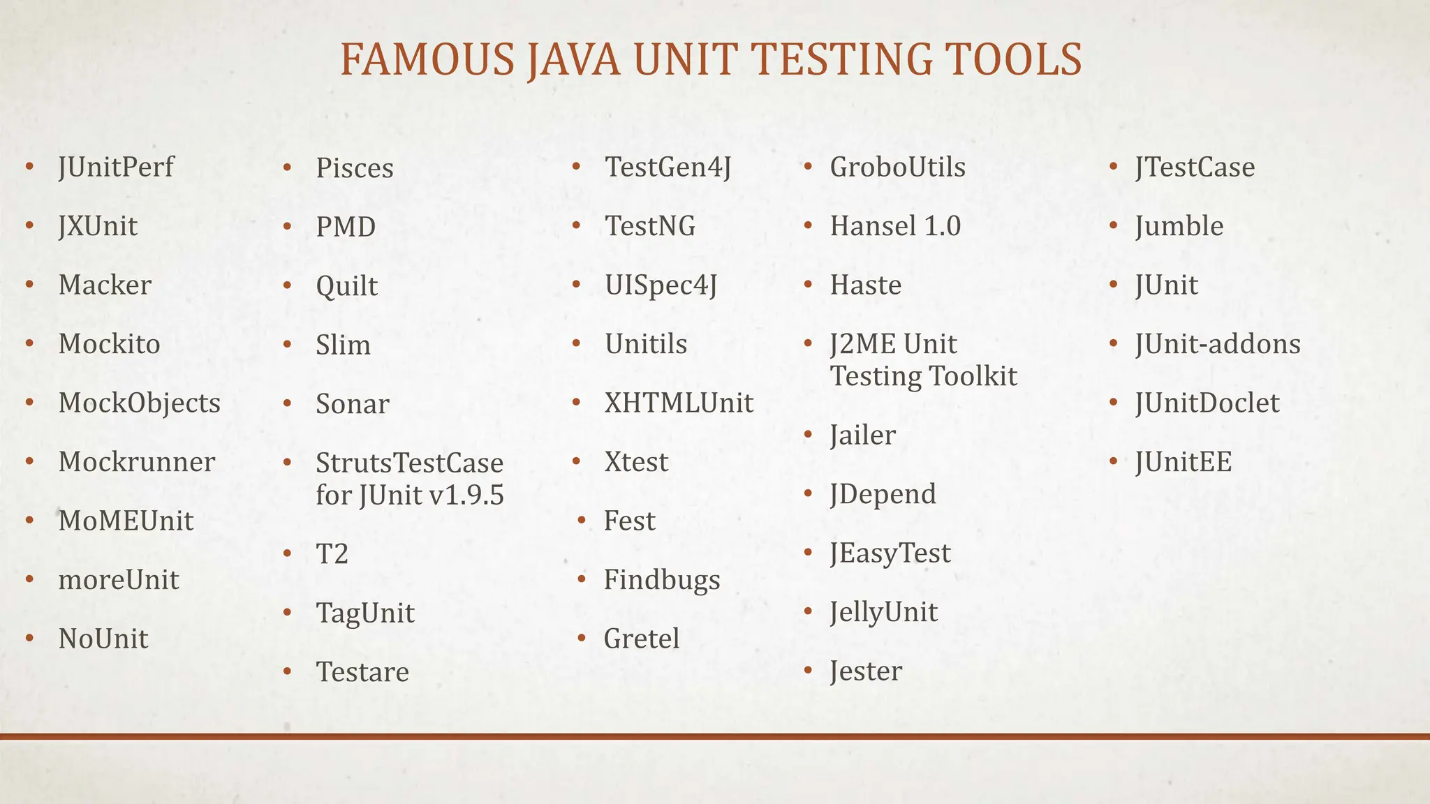 FAMOUS JAVA UNIT TESTING TOOLS
• JUnitPerf
• JXUnit
• Macker
• Mockito
• MockObjects
• Mockrunner
• MoMEUnit
• moreUnit
• NoUnit
• TestGen4J
• TestNG
• UISpec4J
• Unitils
• XHTMLUnit
• Xtest
• Fest
• Findbugs
• Gretel
• Pisces
• PMD
• Quilt
• Slim
• Sonar
• StrutsTestCase
for JUnit v1.9.5
• T2
• TagUnit
• Testare
• GroboUtils
• Hansel 1.0
• Haste
• J2ME Unit
Testing Toolkit
• Jailer
• JDepend
• JEasyTest
• JellyUnit
• Jester
• JTestCase
• Jumble
• JUnit
• JUnit-addons
• JUnitDoclet
• JUnitEE
 