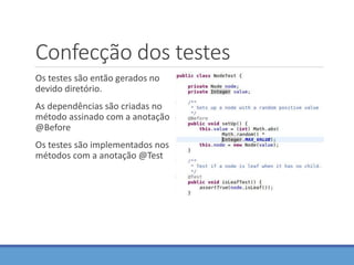 Confecção dos testes
Os testes são então gerados no
devido diretório.
As dependências são criadas no
método assinado com a anotação
@Before
Os testes são implementados nos
métodos com a anotação @Test
 