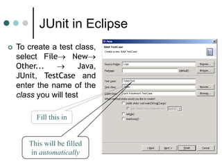 JUnit in Eclipse
 To create a test class,
select File New
Other...  Java,
JUnit, TestCase and
enter the name of the
class you will test
Fill this in
This will be filled
in automatically
 