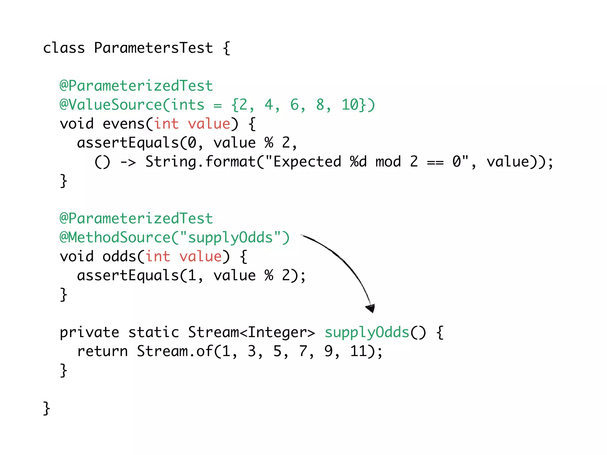 class ParametersTest {
@ParameterizedTest
@ValueSource(ints = {2, 4, 6, 8, 10})
void evens(int value) {
assertEquals(0, value % 2,
() -> String.format("Expected %d mod 2 == 0", value));
}
@ParameterizedTest
@MethodSource("supplyOdds")
void odds(int value) {
assertEquals(1, value % 2);
}
private static Stream<Integer> supplyOdds() {
return Stream.of(1, 3, 5, 7, 9, 11);
}
}
 