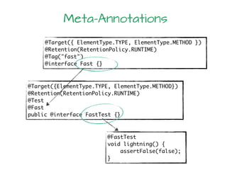 Meta-Annotations
@Target({ ElementType.TYPE, ElementType.METHOD })
@Retention(RetentionPolicy.RUNTIME)
@Tag("fast")
@interface Fast {}
@Target({ElementType.TYPE, ElementType.METHOD})
@Retention(RetentionPolicy.RUNTIME)
@Test
@Fast
public @interface FastTest {}
@FastTest
void lightning() {
assertFalse(false);
}
 