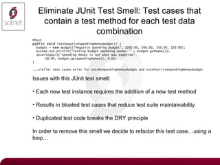 Eliminate JUnit Test Smell:  Test cases that contain a test method for each test data combination @Test public   void  testNegativeSpendingMoneyBudget() { budget =  new  Budget("Negative Spending Budget", 1000.00, 560.00, 350.00, 100.00); System. out .println("Testing budget spending money: " + budget.getName()); assertEquals ("Spending Money is not what was expected", -10.00, budget.getSpendingMoney(), 0.0); } ...similar test cases exist for testNoSpendingMoneyBudget and testPositiveSpendingMoneyBudget Issues with this JUnit test smell: Each new test instance requires the addition of a new test method Results in bloated test cases that reduce test suite maintainability Duplicated test code breaks the DRY principle In order to remove this smell we decide to refactor this test case…using a loop… 