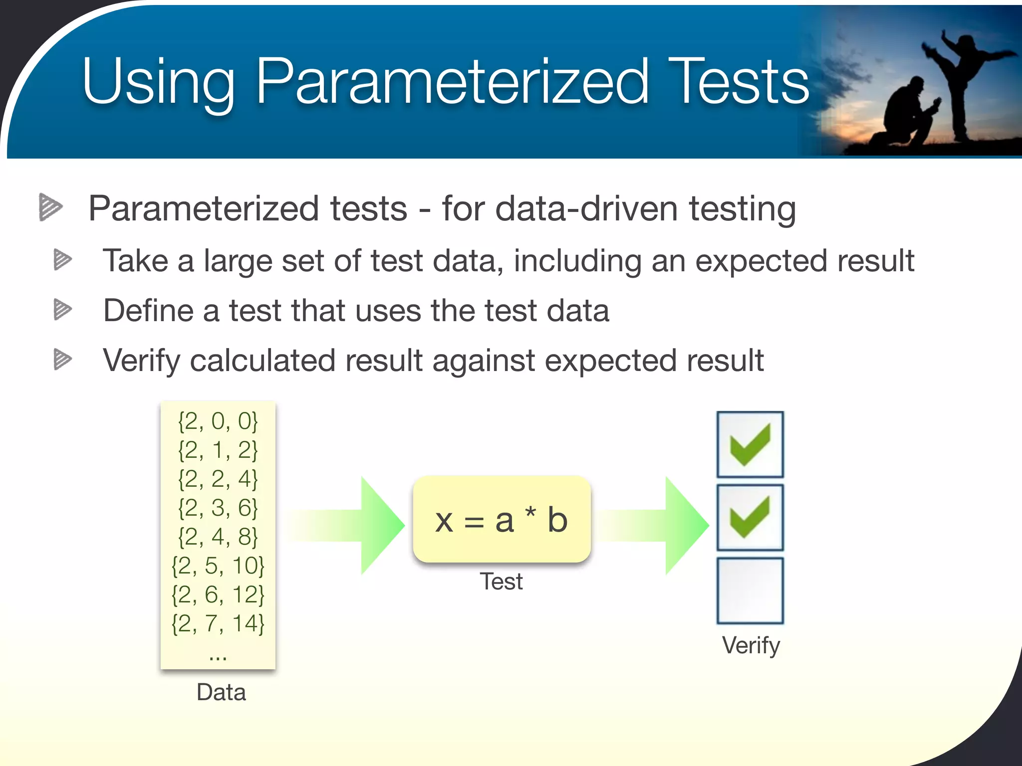 Using Parameterized Tests
Parameterized tests - for data-driven testing
Take a large set of test data, including an expected result
Deﬁne a test that uses the test data
Verify calculated result against expected result
      {2, 0, 0}
      {2, 1, 2}
      {2, 2, 4}
      {2, 3, 6}
      {2, 4, 8}
                        x=a*b
     {2, 5, 10}
                           Test
     {2, 6, 12}
     {2, 7, 14}
         ...                                Verify
       Data
 
