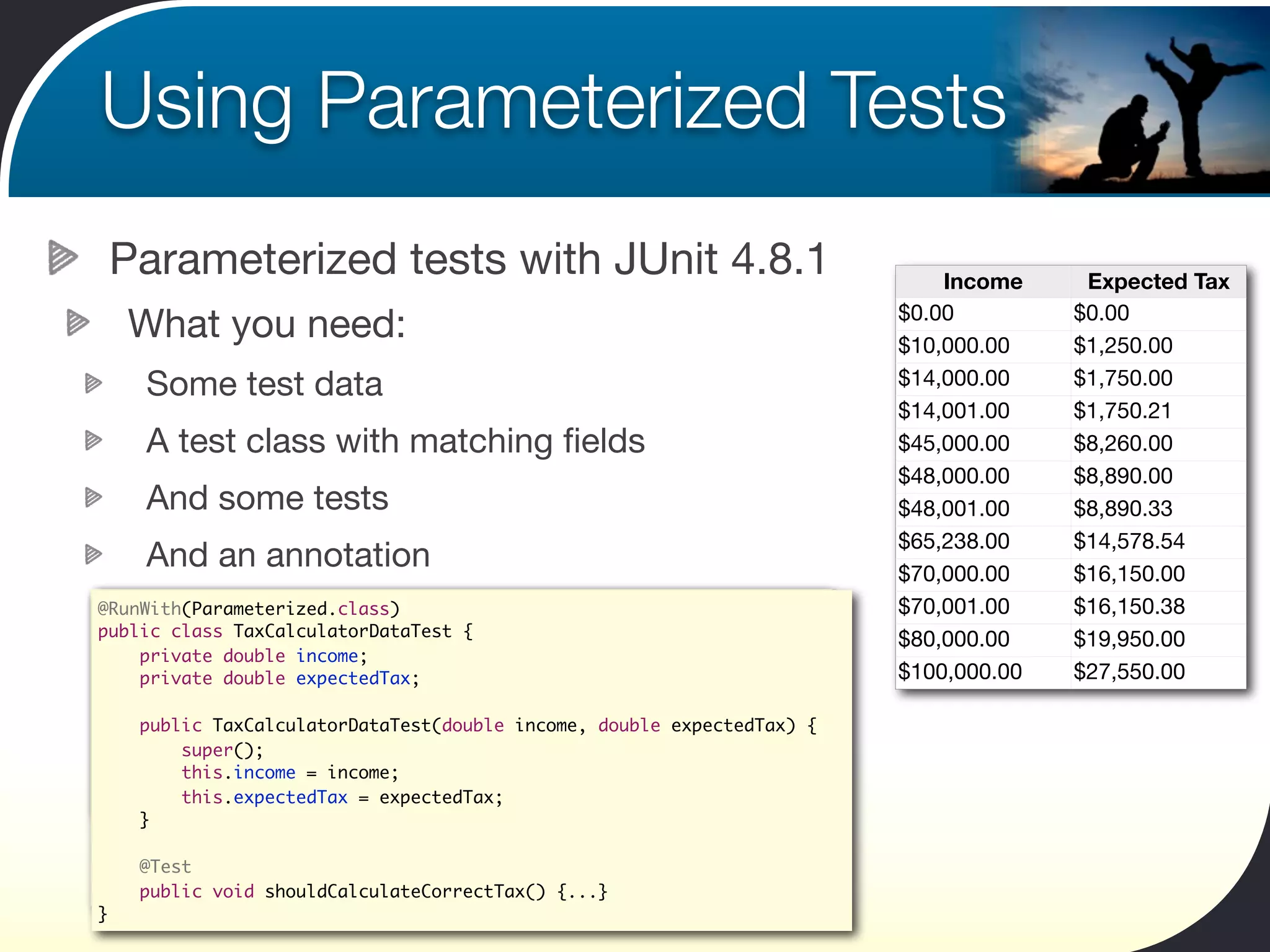 Using Parameterized Tests
 Parameterized tests with JUnit 4.8.1                                       Income     Expected Tax
                                                                        $0.00         $0.00
  What you need:                                                        $10,000.00    $1,250.00
    Some test data                                                      $14,000.00    $1,750.00
                                                                        $14,001.00    $1,750.21
    A test class with matching ﬁelds                                    $45,000.00    $8,260.00
                                                                        $48,000.00    $8,890.00
    And some tests                                                      $48,001.00    $8,890.33
                                                                        $65,238.00    $14,578.54
    And an annotation                                                   $70,000.00    $16,150.00
public class TaxCalculatorDataTest {
@RunWith(Parameterized.class)                                           $70,001.00    $16,150.38
public classdouble income;
    private TaxCalculatorDataTest {
                                                                        $80,000.00    $19,950.00
    private double expectedTax;
                   income;
    private double expectedTax;                                         $100,000.00   $27,550.00
    public TaxCalculatorDataTest(double income, double expectedTax) {
        super();
        this.income = income;
    public TaxCalculatorDataTest(double income, double expectedTax) {
        this.income = income;
        this.expectedTax = expectedTax;
        super();
    }   this.expectedTax = expectedTax;
        this.income = income;
}   }   this.expectedTax = expectedTax;
    }
    @Test
    public void shouldCalculateCorrectTax() {...}
    @Test
}   public void shouldCalculateCorrectTax() {...}
}
 