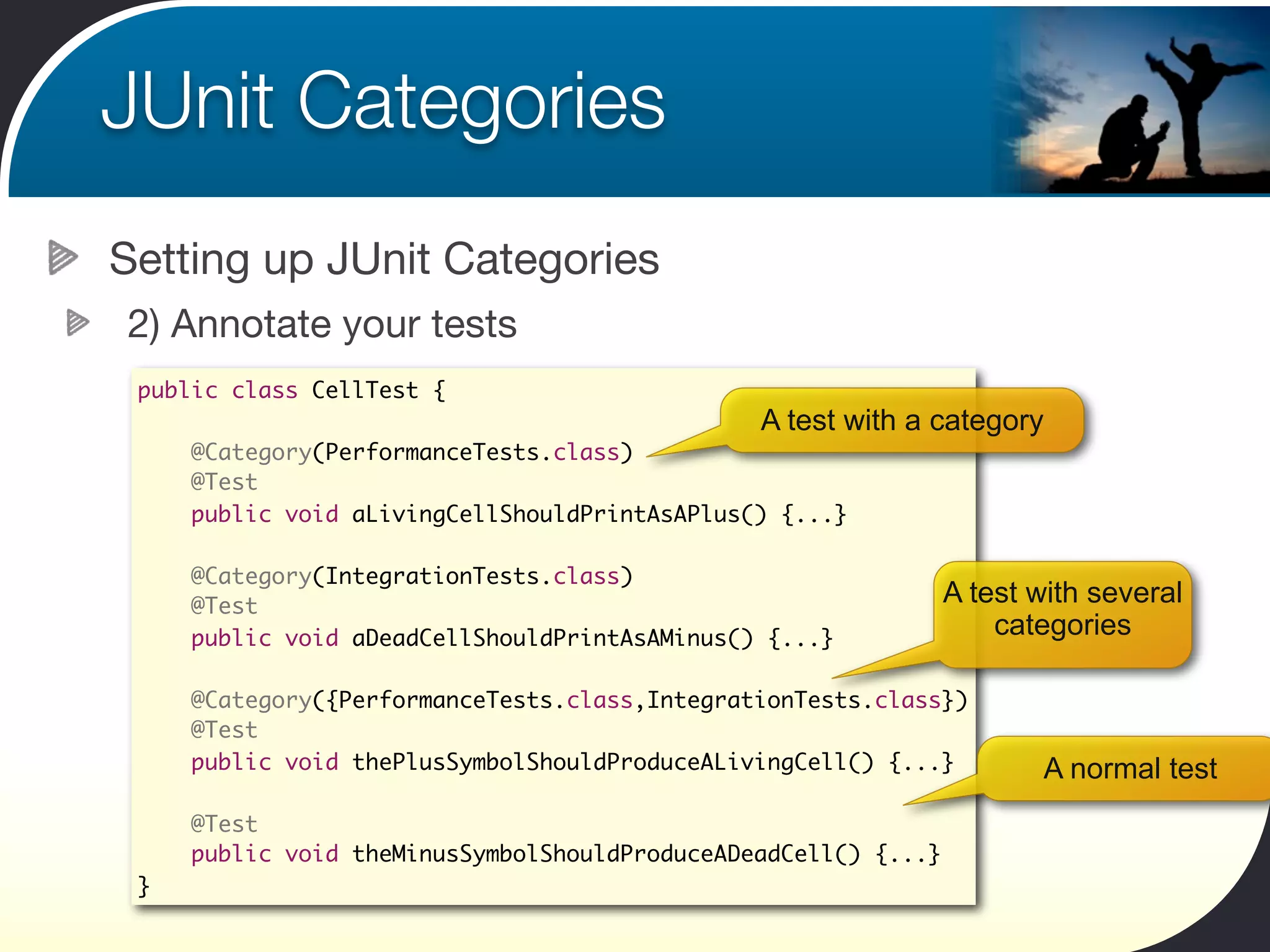 JUnit Categories
Setting up JUnit Categories
2) Annotate your tests
 public class CellTest {
                                               A test with a category
     @Category(PerformanceTests.class)
     @Test
     public void aLivingCellShouldPrintAsAPlus() {...}

     @Category(IntegrationTests.class)
     @Test                                                      A test with several
     public void aDeadCellShouldPrintAsAMinus() {...}               categories

     @Category({PerformanceTests.class,IntegrationTests.class})
     @Test
     public void thePlusSymbolShouldProduceALivingCell() {...}         A normal test
     @Test
     public void theMinusSymbolShouldProduceADeadCell() {...}
 }
 