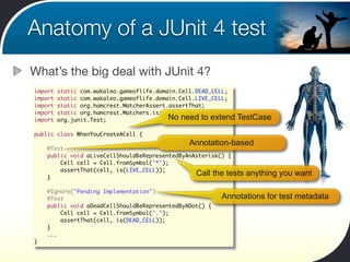 Anatomy of a JUnit 4 test
What’s the big deal with JUnit 4?
import   static com.wakaleo.gameoflife.domain.Cell.DEAD_CELL;
...