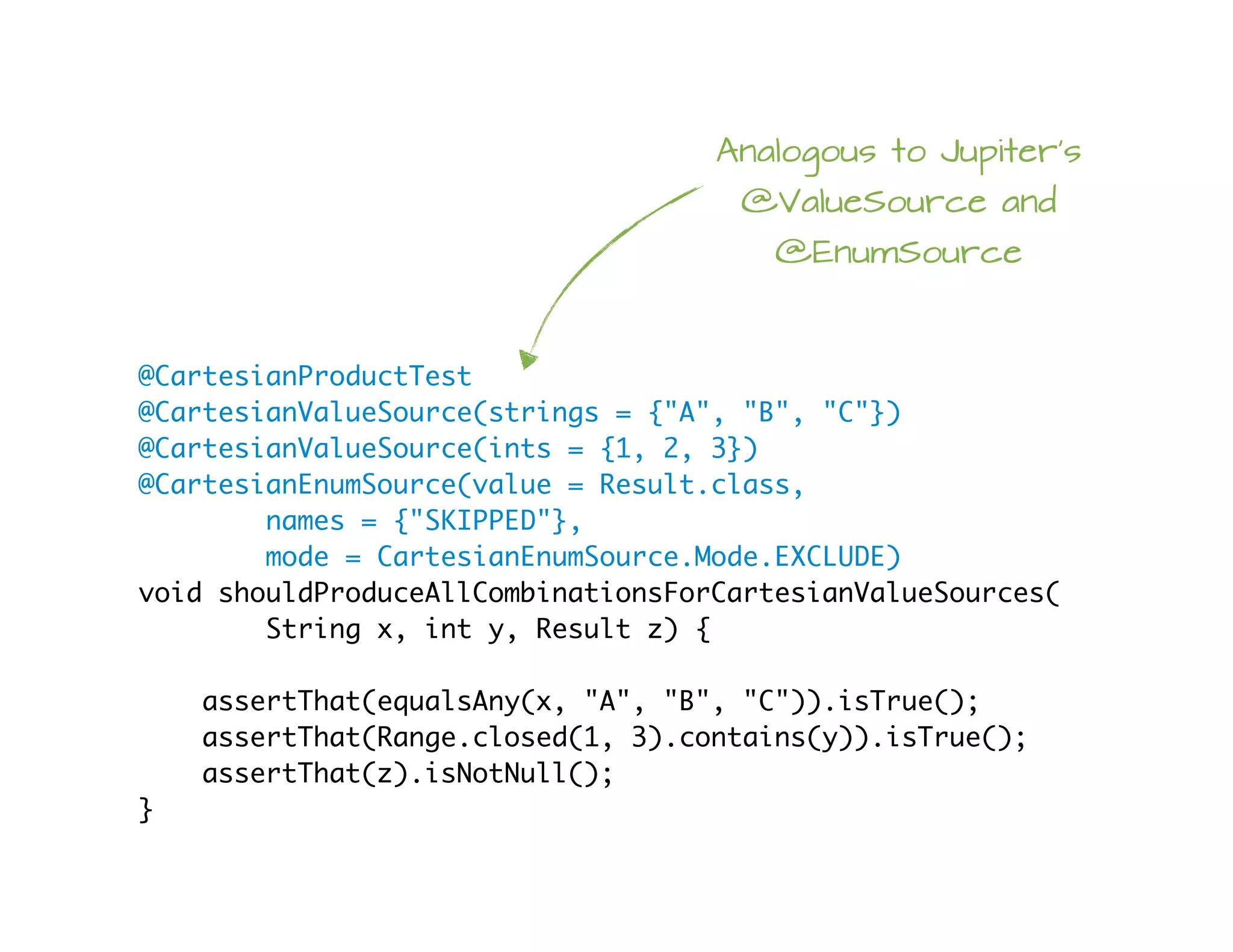 @CartesianProductTest
@CartesianValueSource(strings = {"A", "B", "C"})
@CartesianValueSource(ints = {1, 2, 3})
@CartesianEnumSource(value = Result.class,
names = {"SKIPPED"},
mode = CartesianEnumSource.Mode.EXCLUDE)
void shouldProduceAllCombinationsForCartesianValueSources(
String x, int y, Result z) {
assertThat(equalsAny(x, "A", "B", "C")).isTrue();
assertThat(Range.closed(1, 3).contains(y)).isTrue();
assertThat(z).isNotNull();
}
Analogous to Jupiter's
@ValueSource and
@EnumSource
 