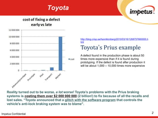 Toyota2Impetus Confidentialhttp://blog.crisp.se/henrikkniberg/2010/03/16/1268757660000.htmlToyota’s Prius exampleA defect found in the production phase is about 50 times more expensive than if it is found during prototyping. If the defect is found after production it will be about 1,000 – 10,000 times more expensiveReality turned out to be worse, a lot worse! Toyota’s problems with the Prius braking systems is costing them over $2 000 000 000 (2 billion!) to fix because of all the recalls and lost sales. “Toyota announced that a glitch with the software program that controls the vehicle's anti-lock braking system was to blame".