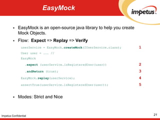 Define a TestSuite for each java package that would contain all TestCase instances for this package. This will create a hierarchy of Tests. > com		      	-> impetus	      	- AllTests> Book	      	- BookTests. AddBook	    - AddBookTest. DeleteBook	    - DeleteBookTest. ListBooks	    - ListBooksTest> Library	- LibraryTests> User		- UserTests