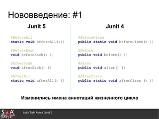 Let's Talk About Junit 5
Нововведение: #1
Изменились имена аннотаций жизненного цикла
Junit 5Junit 5 Junit 4Junit 4
@BeforeAll
static void beforeAll(){}
@BeforeEach
void beforeEach() {}
@AfterEach
void afterEach() {}
@AfterAll
static void afterAll() {}
@BeforeClass
public static void beforeClass() {}
@Before
public void before() {}
@After
public void after() {}
@AfterClass
public static void afterClass () {}
 