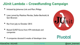@sam_brannen#JavaOne #JUnit5
JUnit Lambda – Crowdfunding Campaign
•  Initiated by Johannes Link and Marc Philipp
•  Later joined by Matthias Merdes, Stefan Bechtold, &
Sam Brannen
•  Ran from July to October 2015
•  Raised 53,937 Euros from 474 individuals and
companies
•  4 companies donated 6 weeks of developer time
 