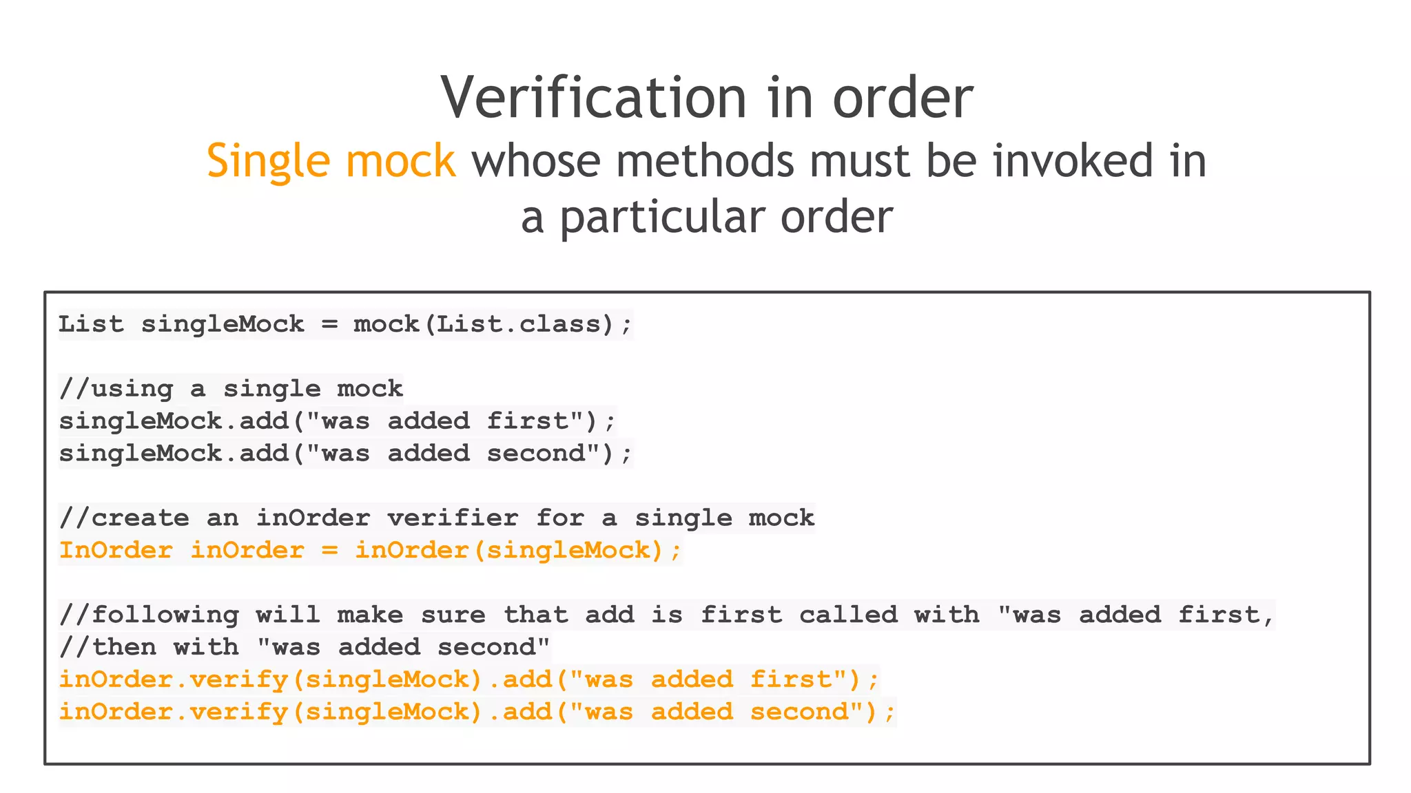 Sometimes we need to stub with
different return value/exception
for the same method call, we need
to stub consecutive calls (iterator-
style stubbing)
 