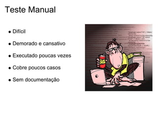 Teste Manual

 Difícil

 Demorado e cansativo

 Executado poucas vezes

 Cobre poucos casos

 Sem documentação
 