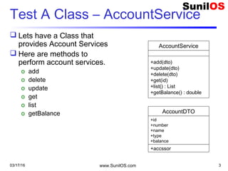 Test A Class – AccountService
 Lets have a Class that
provides Account Services
 Here are methods to
perform account services.
o add
o delete
o update
o get
o list
o getBalance
03/17/16 www.SunilOS.com 3
AccountService
+add(dto)
+update(dto)
+delete(dto)
+get(id)
+list() : List
+getBalance() : double
AccountDTO
+accssor
+id
+number
+name
+type
+balance
 