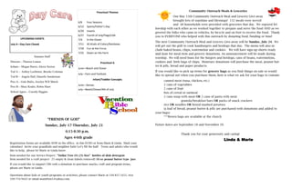 .
Preschool Themes
6/6 Four Seasons
6/13 Sports/Father’s Day
6/20 Insects
6/27 Fourth of July/Flags/USA
7/4 In the Ocean
7/11 All Kinds of Colors/Rainbows
7/18 Fun at the Circus
7/25 Down on the Farm
Preschool A
June—Beach and Ocean
July—Fairs and Festivals
Infant/Toddler Concepts
June—Senses
July—Beach/Ocean/4th of July
UPCOMING EVENTS
July 4—Day Care Closed
Summer Staff
Director—Theresa Lemon
Infants—Megan Harris; Alexis Sexton
Tod A— Ashley Lechleiter, Brooke Coleman
Tod B— Angela Hall; Danielle Sunderman
Pres A—Gale Bailis, Jocelyn Will March
Pres B—Mary Krider, Robin Shaw
School Agers—Cassidy Higgins
“FRIENDS OF GOD”
Sunday, July 17-Thursday, July 21
6:15-8:30 p.m.
Ages 4-6th grade
Registration forms are available NOW in the office, in this ECHO or from Marie & Linda. Mark your
calendars! Invite your grandkids and neighbor kids! Let’s fill the hall! Teens and adults who would
like to help, please let Marie or Linda know.
Item needed for our Service Project: “Dollar Tree ($1.25) Size” bottles of dish detergent
Item needed for a craft project: 25 empty & clean (labels removed) 16 oz peanut butter type jars
If you would like to support VBS with a donation to purchase snacks, craft and program items,
please see Marie or Linda.
Questions about kids or youth programs or activities, please contact Marie at 330-837-1651, text
330-754-9443 or email msenften1@yahoo.com.
Community Outreach Meals & Groceries
Our May 15th Community Outreach Meal and Grocery Give-away
brought lots of sunshine and blessings! 132 meals were served
and 48 households were provided with groceries that day. We enjoyed fel-
lowship with each other as we worked together to prepare and serve the food AND as we
greeted the folks who came in vehicles, by bicycle and on foot to receive the food. Thank
you to EVERYONE who helped with this outreach by donating food, funding or time!
The next Community Outreach Meal and Grocery Give-away will be Sunday, July 24. We
will get out the grill to cook hamburgers and hotdogs that day. The menu will also in-
clude baked beans, chips, watermelon and cookies. We will have sign-up sheets ready
mid-June for meal item and grocery donations. An announcement will be made during
worship. We will need buns for the burgers and hotdogs, cans of beans, watermelons,
cookies and little bags of chips. Monetary donations will purchase the meat, peanut but-
ter & jelly, bread and paper products.
If you would like to pick up items for grocery bags as you find things on sale or would
like to spread out when you purchase them, here is what we ask for your bags to contain:
canned meat (tuna, chicken, etc.)
2 cans of vegetables
2 cans of fruit
box of cereal or oatmeal
2 cans soup with meat OR 2 cans of pasta with meat
granola/breakfast bars OR packs of snack crackers
rice OR noodles OR boxed mashed potatoes
(a loaf of bread, peanut butter & jelly are purchased with donations and added to
your bags)
***Brown bags are available at the church
Future dates are September 18 and November 20.
Thank you for your generosity and caring!
Linda & Marie
 