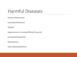 Harmful Diseases
Vitamin Deficiencies
Low Body Resistance
Obesity
Hypertension ( Increased Blood Pressure)
Increased Cholesterol
Osteoporosis
Heart Attacks(Asthma)
 