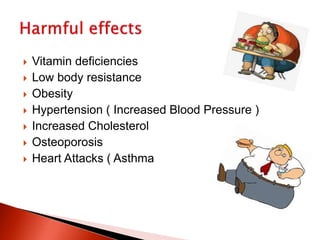  Vitamin deficiencies
 Low body resistance
 Obesity
 Hypertension ( Increased Blood Pressure )
 Increased Cholesterol
 Osteoporosis
 Heart Attacks ( Asthma
 